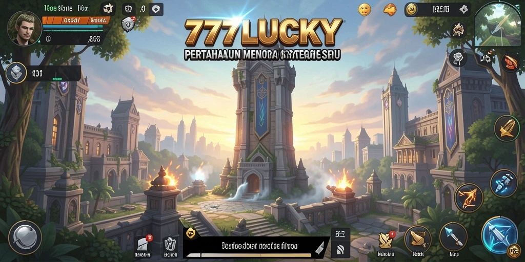 Screenshot gameplay <strong>777LUCKY</strong> menampilkan menara pertahanan yang strategis.