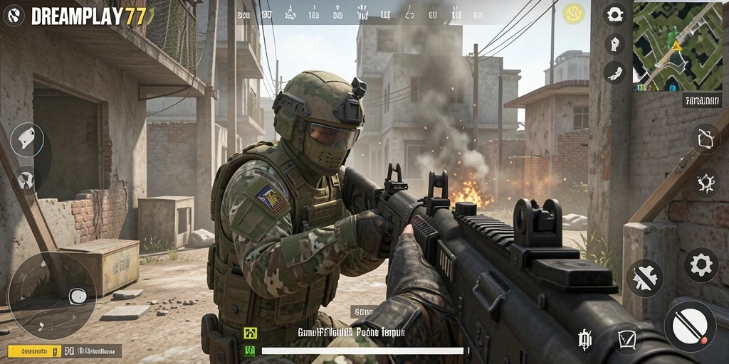 Screenshot utama DREAMPLAY77 menunjukkan aksi intens dalam permainan FPS.