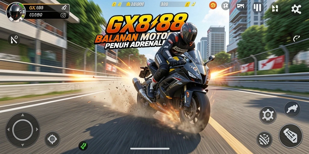 Screenshot menunjukkan balapan seru di lintasan dengan motor cepat.