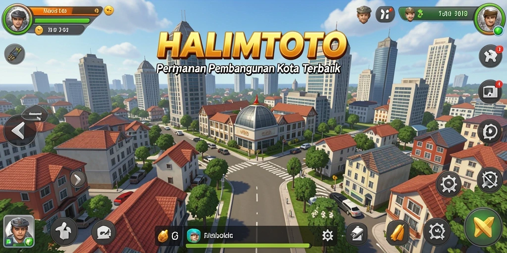 Tampilan menarik gameplay HALIMTOTO dengan bangunan dan aktivitas kota.