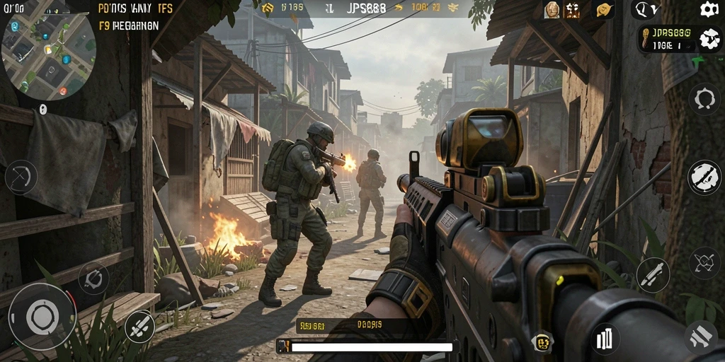 Screenshot menampilkan aksi intens dalam game FPS JPS888.