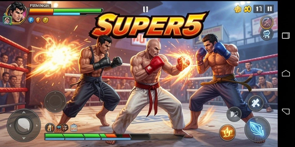 Tangkapan layar menunjukkan pertarungan epik dalam SUPER5 dengan karakter yang dinamis.