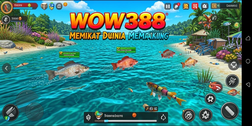 Screenshot gameplay WOW388 menunjukkan aksi memancing yang seru dan indah.